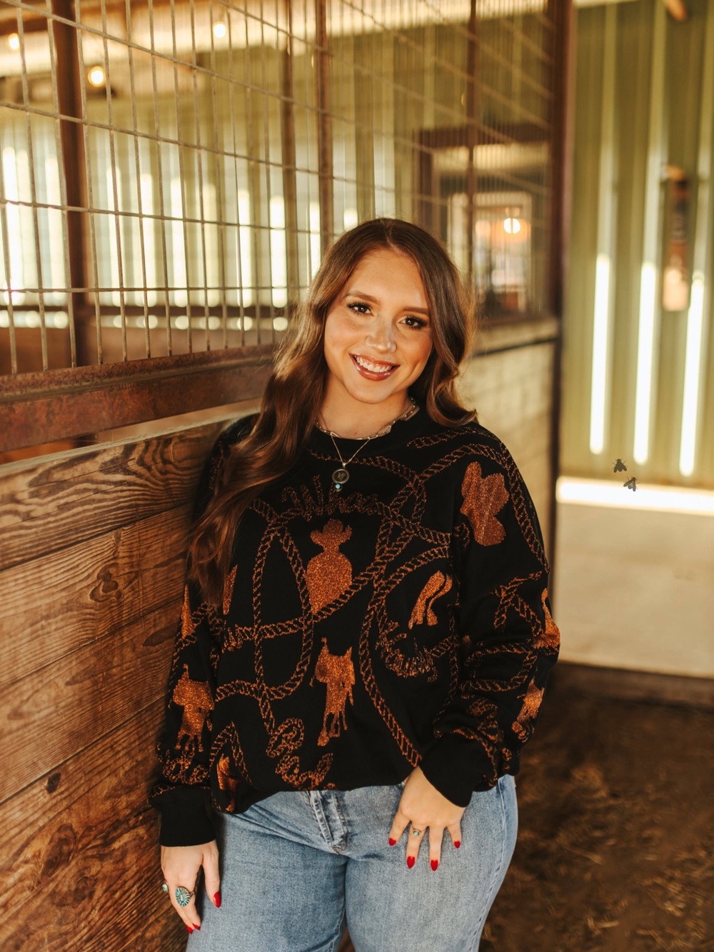 Black Sweater with Copper Western Motif- Reversible